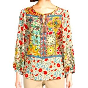 Woven Floral Print Split Neck 3/4 Cuffed Sleeve Tassel Tie Embroidered Tunic.